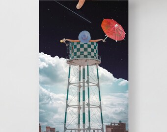Unique Collage Art Print: &#39;Soaked&#39; - Martini, Umbrella, and Water Tower