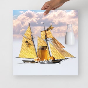 Whimsical Collage Art Print: Bees Sailing Through Milky Seas with Honeycomb Sails “Milk & Honey”