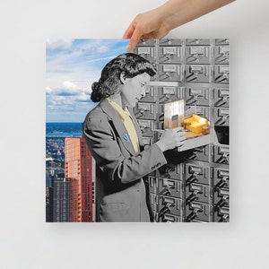 Urban Surrealism: Giant Woman Opening Skyscraper Filing Cabinet - Collage Art Print