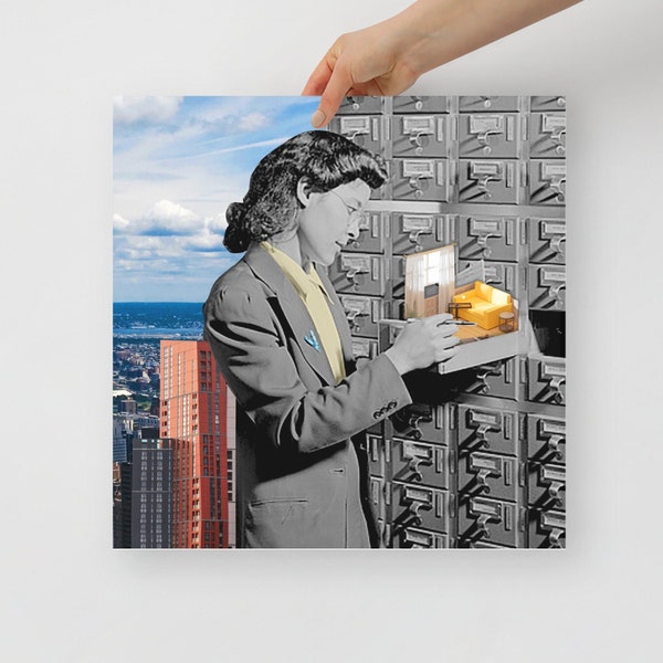 Urban Surrealism: Giant Woman Opening Skyscraper Filing Cabinet - Collage Art Print