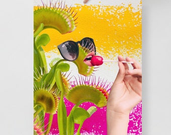 Unique Plant Lover&#39;s Art: &#39;It&#39;s A Trap&#39; - Surreal Collage Print with Sassy Venus Fly Trap in Sunglasses with Lollipop