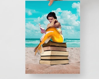 Mermaid on Beach with Books | Fantasy and Book Lover Gift Surreal | Collage Art Print: Oceans Of Knowledge