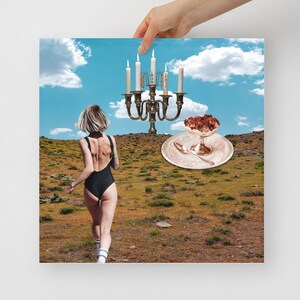 Dream-Chasing Runner: Whimsical Collage Art Print with Candelabra and Delightful Dessert
