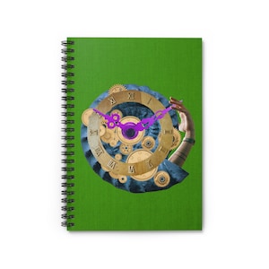 May include: Spiral-bound notebook with a green cover. The cover features a collage of a clock design with Roman numerals, gears, and a purple clock hand. A hand with tattoos is reaching towards the clock.