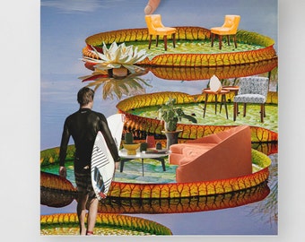 Escape the Norm: Surreal Collage Art Print Depicting a Surfer&#39;s Journey to Work Life Balance