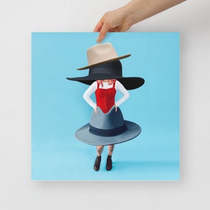 Whimsical Surreal Collage Art: &#39;Wearing Many Hats&#39; - Busy Multitasker Workaholic in Unique Red Jumper with Giant Hat