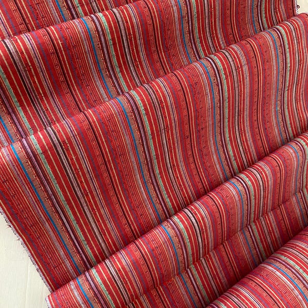 012 Vintage Tsumugi Kimono Fabric - from Japanese Un-used bolt, 14.5"W x 1 yard (92cm) Silk, Red &multi-color stripes