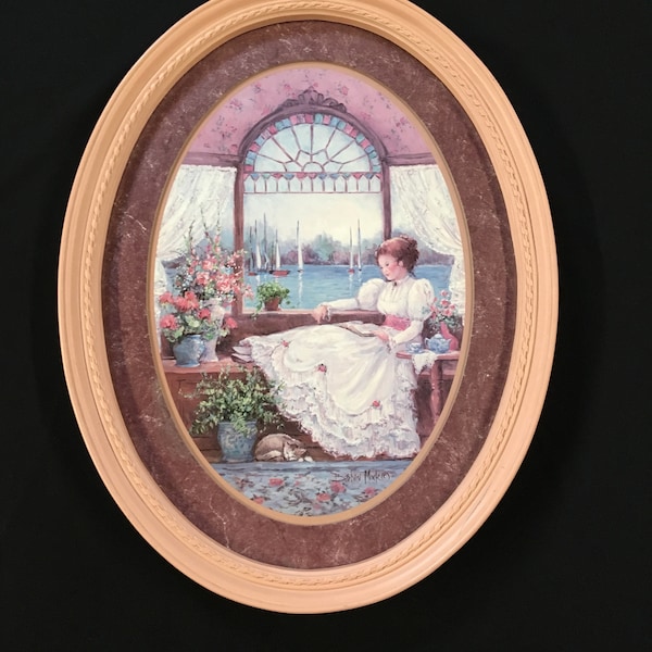 Vintage Home Interior (HomCo) Framed Oval Picture by Barbara Mock "Lady by the Window" Victorian