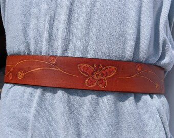 1970s Red Leather Stamped Belt