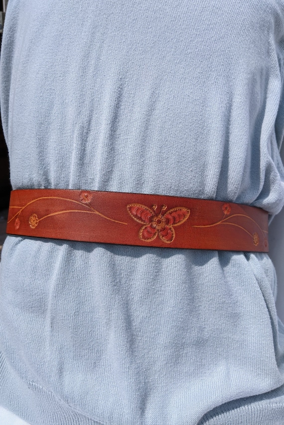 1970s Red Leather Stamped Belt
