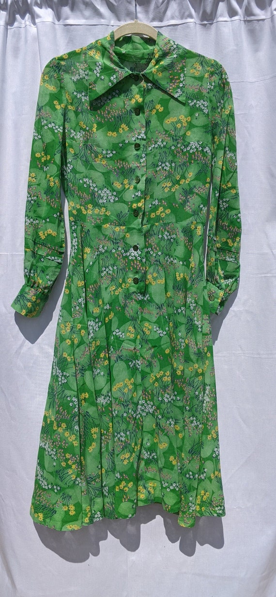 1970s Green A-line Floral dress