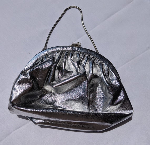 Vintage 1960's Silver Faux Leather Evening Bag - image 2