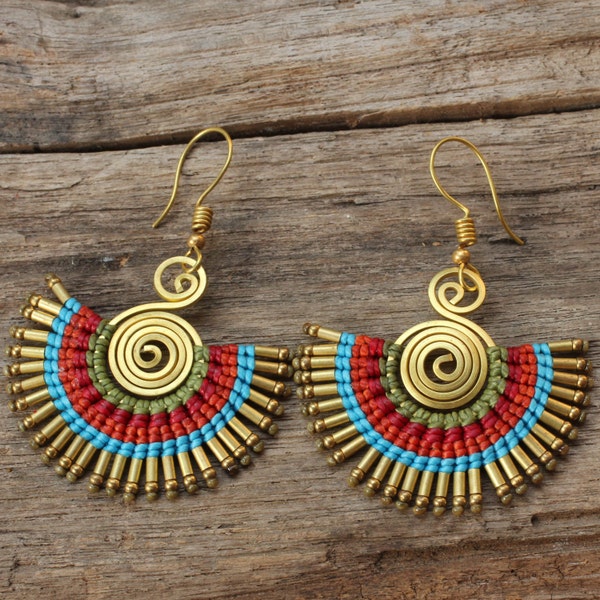 Shaped brass and waxed cotton funky tribal earrings