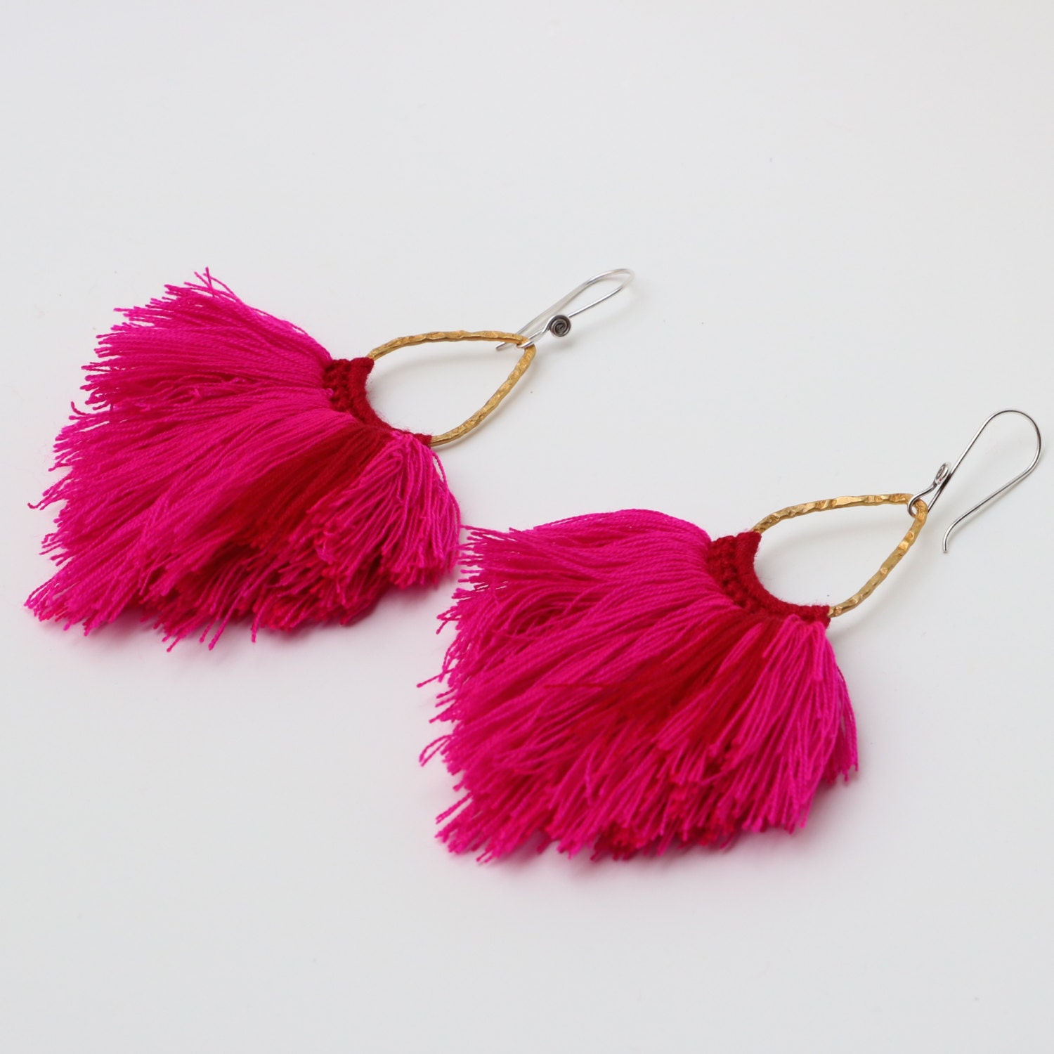 Pink and red fluff earrings with textured brass hoop and Etsy
