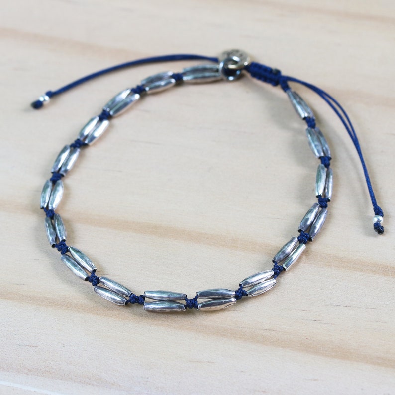 Adjustable friendship bracelet cotton string with sterling silver oxidized tube