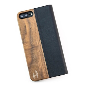 Houten design flip case, iPhone 7/8 – Notenhout en leer