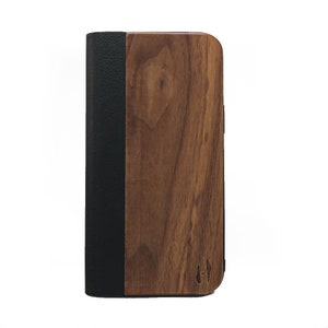 Holz-Design-Flip-Case, iPhone 12 pro max – Muttern mit schwarzem Leder