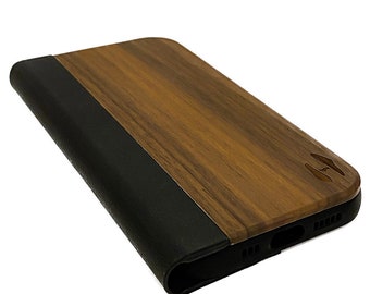 Holzdesign-Klapphülle, iPhone 13 pro max – Walnuss mit schwarzem Leder
