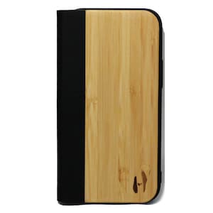 Houten design flip case, iPhone 12 mini – Bamboe met zwart leer