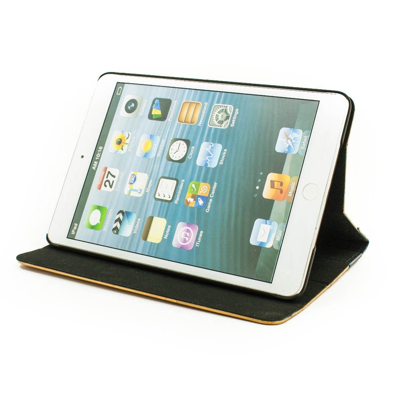 Wooden iPad mini bookcase bamboo & black leather Etsy