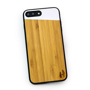 Houten TPU case, iPhone 7 plus/8 plus - Bamboe en grijs metaal schuin