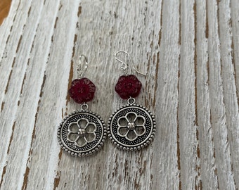 Pinkish cranberry floral earrings with Antique silver dangles