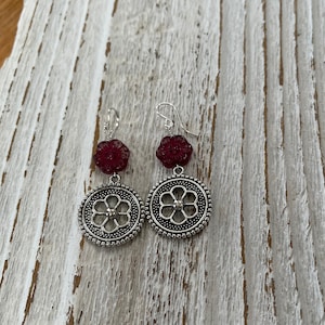 Pinkish cranberry floral earrings with Antique silver dangles