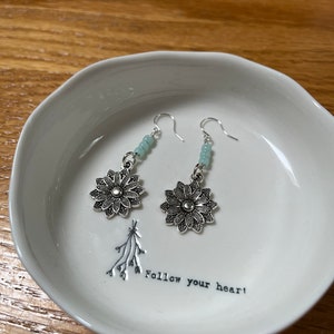Floral dangle earrings with light aqua beads