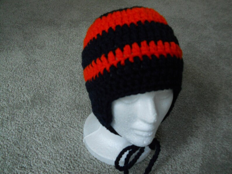 Etc TeenAdult Cap with Earflaps in NavyOrange BlueGold Crocheted Collegiate Club RedBlack or Color Choice Team RedWhite School