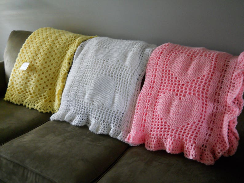 Crocheted Yellow Scalloped Baby AfghanChristening BlanketInfant ThrowCrib Cover