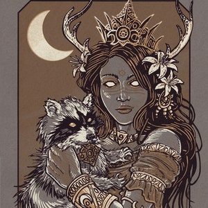 May include: Illustration of a woman with a raccoon, wearing a crown and holding the animal. The artwork features a crescent moon, antlers, and floral accents. The color palette includes shades of brown, beige, and gray, creating a mystical theme.