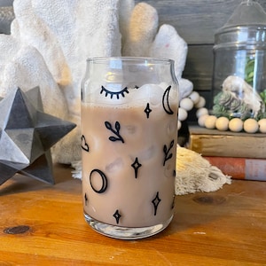 Celestial Witchy Iced Coffee Cup - 16 or 20 oz Beer Can Glass Essoteric Magical Goth