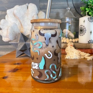 Pick Your Color Southwestern Iced Coffee Cup - 16 or 20 oz Glass Beer Can Country Western Cowgirl