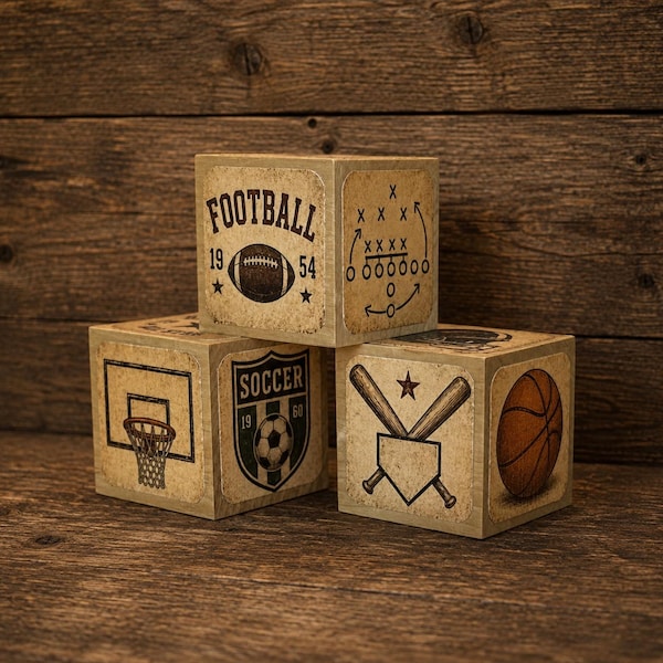 Vintage blocs pour bébés thème sport - basket-ball, football, baseball, soccer - blocs de 5,2 cm - décoration de chambre de bébé garçon - lot de 3 blocs