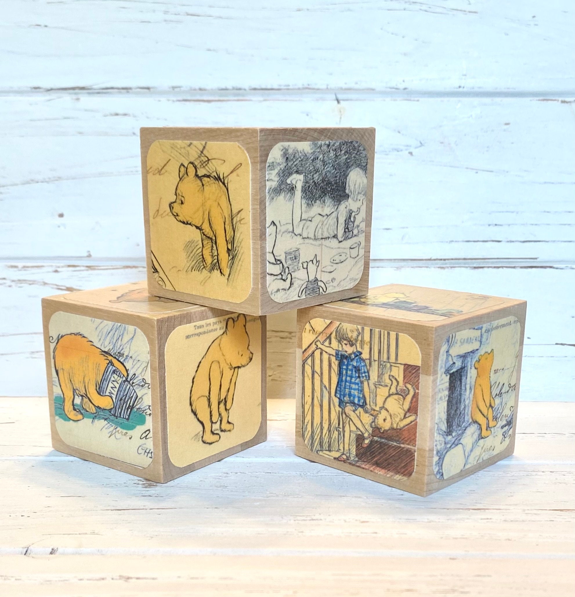 Classic Winnie The Pooh Decorations Wooden Baby Blocks Pooh Baby Shower Decor Table Decorations Nursery Room Book Blocks 2