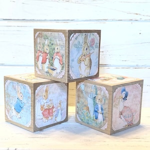Beatrix Potter Baby Shower - Wood Blocks - Peter Rabbit - Nursery Room Decor - Benjamin Bunny - Shelf Decor - 2 Inch Blocks