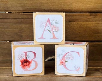 Floral Baby Blocks - Personalize With A Name - Pink - Baby Shower Centerpieces - 2 Inch Blocks - Nursery Room Decorations