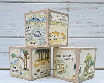 100 Acre Wood Nursery Decor - Wooden Baby Blocks - Vintage Winnie The Pooh - Baby Shower Decor - Table Decor - Nursery Room - 2 Inch