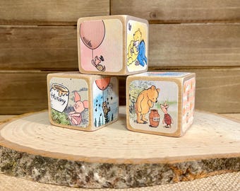 Vintage Winnie The Pooh - Girl Wooden Baby Blocks - Baby Shower Decor - Table Centerpieces - Nursery Room - Pooh Characters - 2 Inch