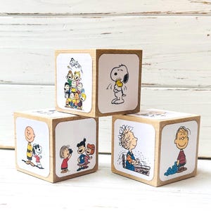 May include: Set of six wooden blocks featuring characters from the Peanuts comic strip. Each block has a different image, including Charlie Brown, Snoopy, Lucy, and the entire Peanuts gang.