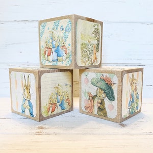 Beatrix Potter - Wood Blocks - Peter Rabbit - Nursery Room Decor - Benjamin Bunny - Baby Girl Nursery - Shelf Decor - 2 Inch Blocks