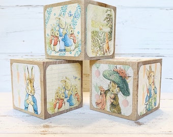 Beatrix Potter - Wood Blocks - Peter Rabbit - Nursery Room Decor - Benjamin Bunny - Baby Girl Nursery - Shelf Decor - 2 Inch Blocks