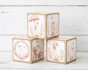 Silly Goose Baby Shower - Baby Girl - 2 Inch Baby Blocks - Goose Nursery Room Decor - Wooden Cubes - Shelf Decor - Table Accents - 3 Blocks