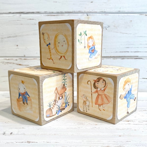 Nursery Rhyme Baby Shower - Yellow - Gender Neutral - Wood Baby Blocks - Nursery Decor - 2 Inch - Mary Had A Little Lamb - Humpty Dumpty