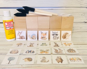 DIY Wood Block Kit - Woodland Theme- Forest Animals - Baby Shower Craft - Gender Neutral Designs - Shower Activity - 2 Inch - Baby Blocks