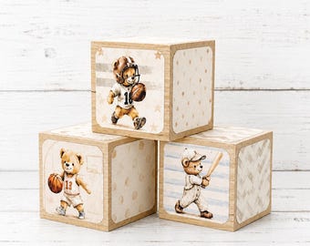 Sports Teddy Bear Wooden Baby Blocks | Football Baseball Basketball Nursery Decor | Baby Boy Shower Gift | Personalized Wood Blocks - 2”