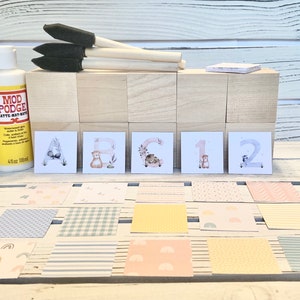 May include: A craft project to create a wooden block name with the letters "ARC" and the numbers "12". The project includes wooden blocks, Mod Podge matte-finish decoupage glue, paint brushes, and a variety of patterned paper squares.