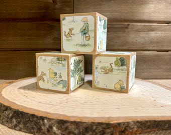 Vintage Winnie The Pooh - Wooden Baby Blocks - Yellow and Green Hues - Gender Neutral - Shower Decor - Centerpiece - Nursery Room  - 2 Inch