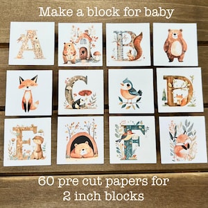 May include: Set of twelve 2-inch square papers with woodland animal and letter illustrations. The letters A, B, C, D, E, and F are shown, along with a fox, bear, bird, and other forest creatures. Text on the image reads "Make a block for baby" and "60 pre cut papers for 2 inch blocks."