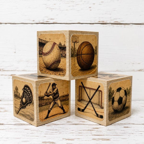 blocs pour chambre d'enfant Soorts vintage | Ballons de football en bois pour bébé | Décoration sport pour chambre d'enfant | Hockey, crosse cadeau baby shower | Chambre de bébé rustique
